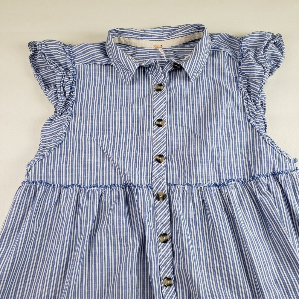Free People Starfish Mini Shirt Dress Women Small Blue Striped Ruffle Button Up - Picture 2 of 13